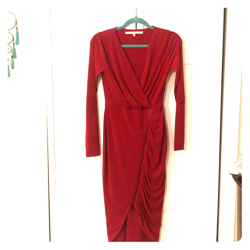 Long sleeve deep red mid high dress